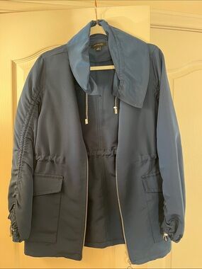 Ann Taylor Navy Drawstring Collar Zip Jacket